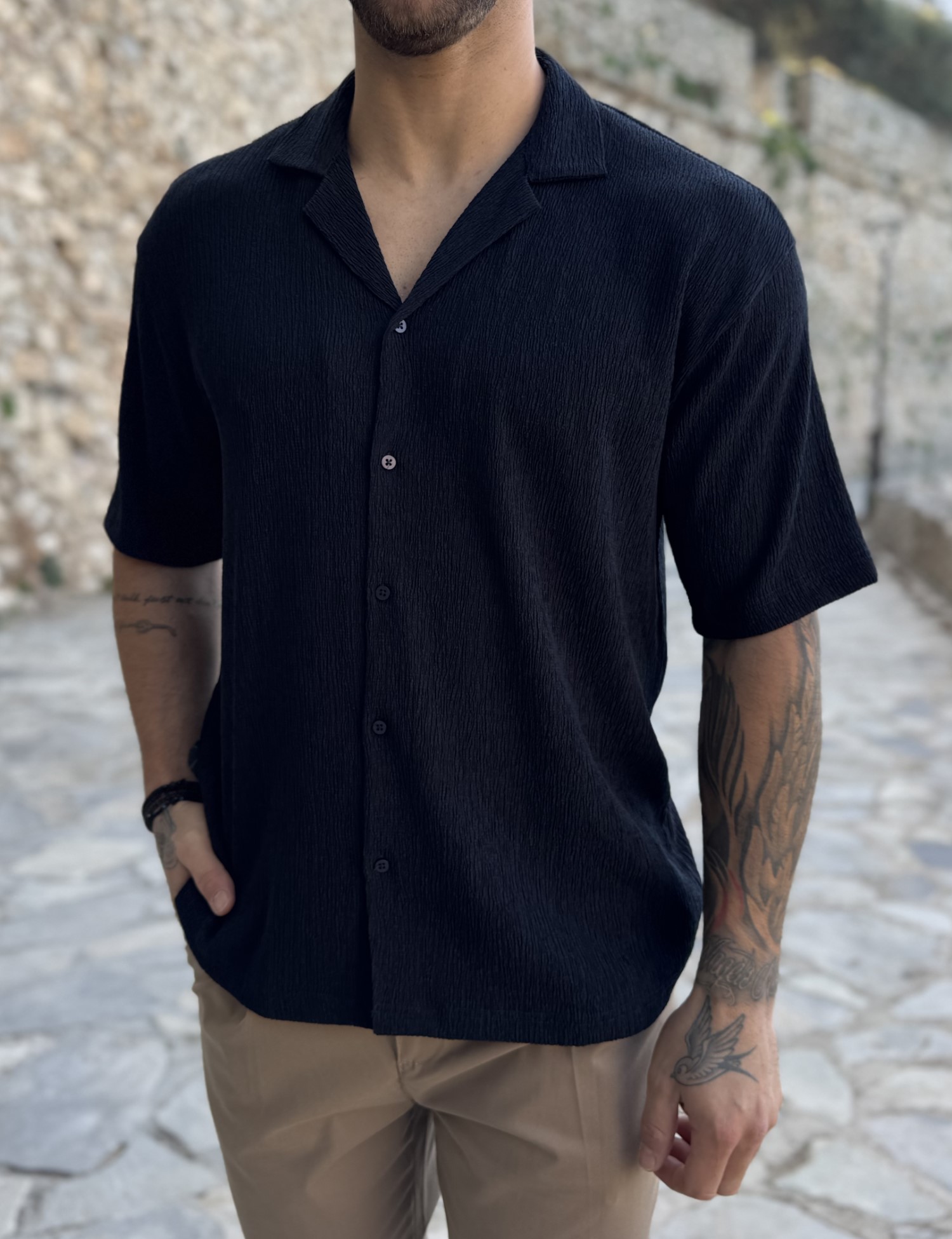 Ανδρικό μπλε κοντομάνικο πουκάμισο με σαγρέ ύφασμα TST2733N